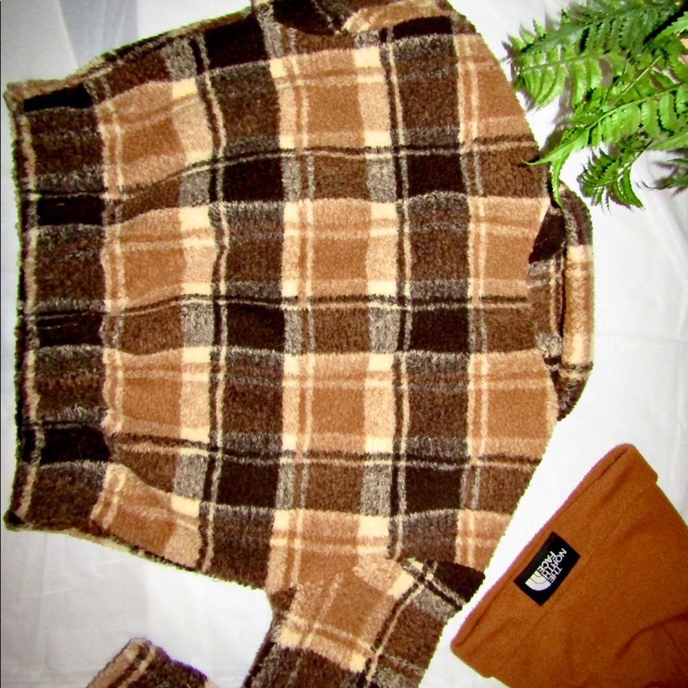 Nwt Brown Plaid Cropped Sweater 🌻 teddy jacket - Picture 3 of 5